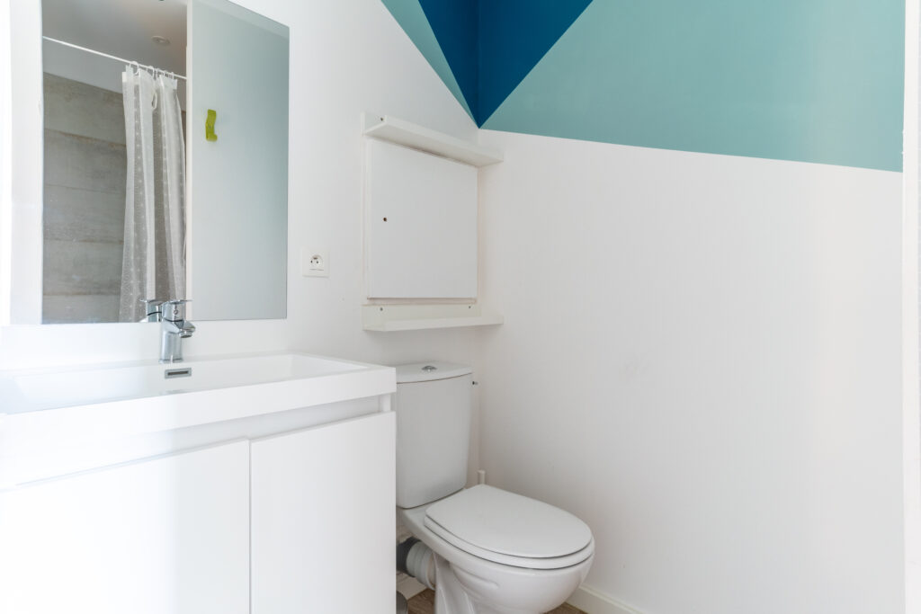 Petite salle de bain décorée avec une peinture bleu et vert turquoise. Il y a un sanitaire.